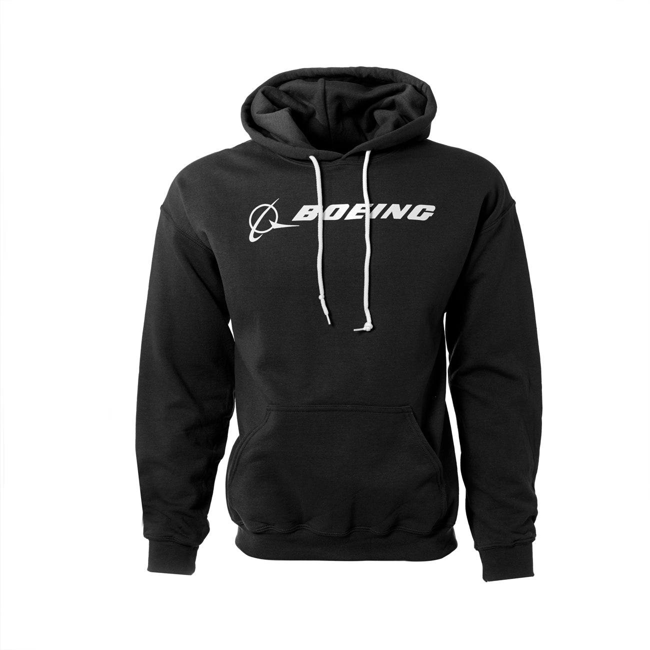 Black hoodie with white Boeing signature logo across the chest.  Front kangaroo pouch and white drawstrings.