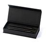 The Boeing Stores Boeing Angle Tip Pen Set features two black ink pens with Boeing branding, elegantly arranged side by side in a black gift box, displayed open on a white background.