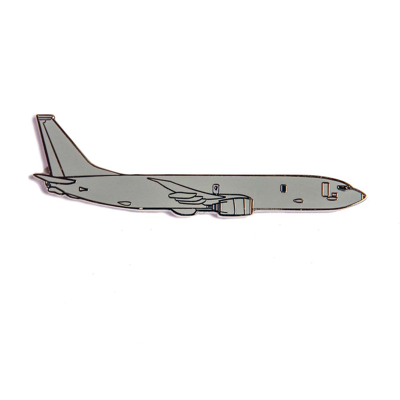 The Boeing Stores Boeing P-8 Illustrated Magnet features a side-view illustration of a gray airplane, showcasing simple outlined details on an enamel-filled design against a plain white background.