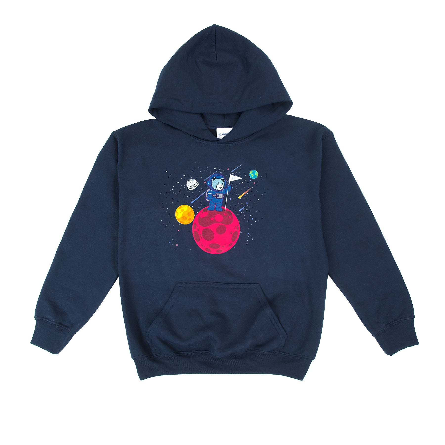 The Boeing Bear Kids Hoodie by The Boeing Store features a blue cartoon astronaut standing on a red planet with a white flag, set against colorful planets and stars. Part of the Boeing Bear collection. Navy blue color.