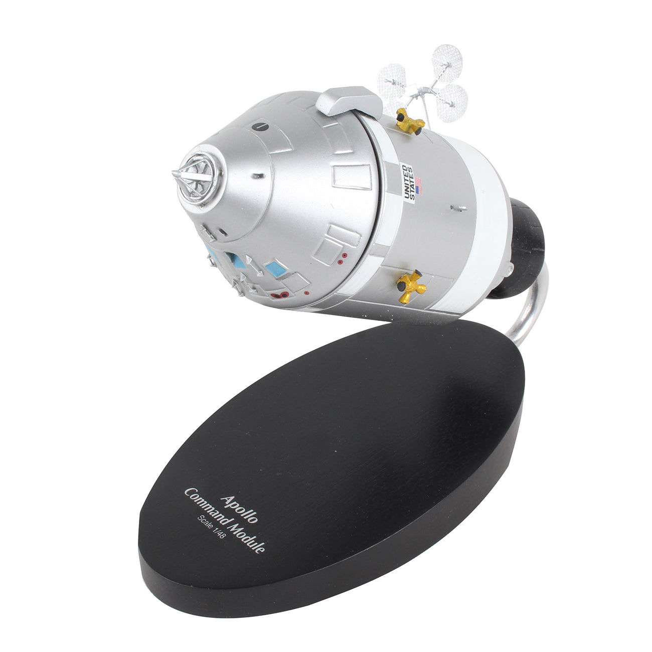 The Daron Boeing Command Module 1:48 Model is a detailed silver collectors item with windows, antennae, and surface detail, displayed on a black stand labeled Apollo Command Module.