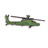 A detailed magnet resembling a Boeing AH-64 military helicopter, crafted with intricate rotor blades and cockpit. Enhanced by enamel color fill and a silver outline from The Boeing Store, it features a plain white background for contrast.