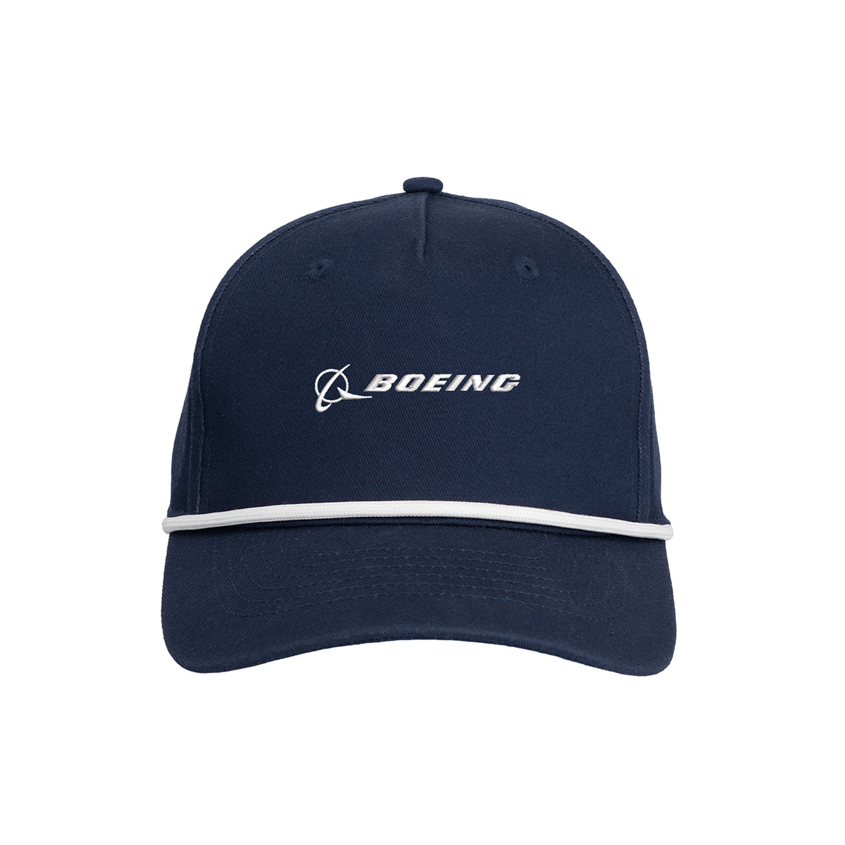 The Boeing Americana Vintage-Style Rope Hat by BOEING is a navy blue cap featuring white trim above the brim and the Boeing logo in white on the front, evoking classic Americana style.