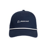 The Boeing Americana Vintage-Style Rope Hat by BOEING is a navy blue cap featuring white trim above the brim and the Boeing logo in white on the front, evoking classic Americana style.