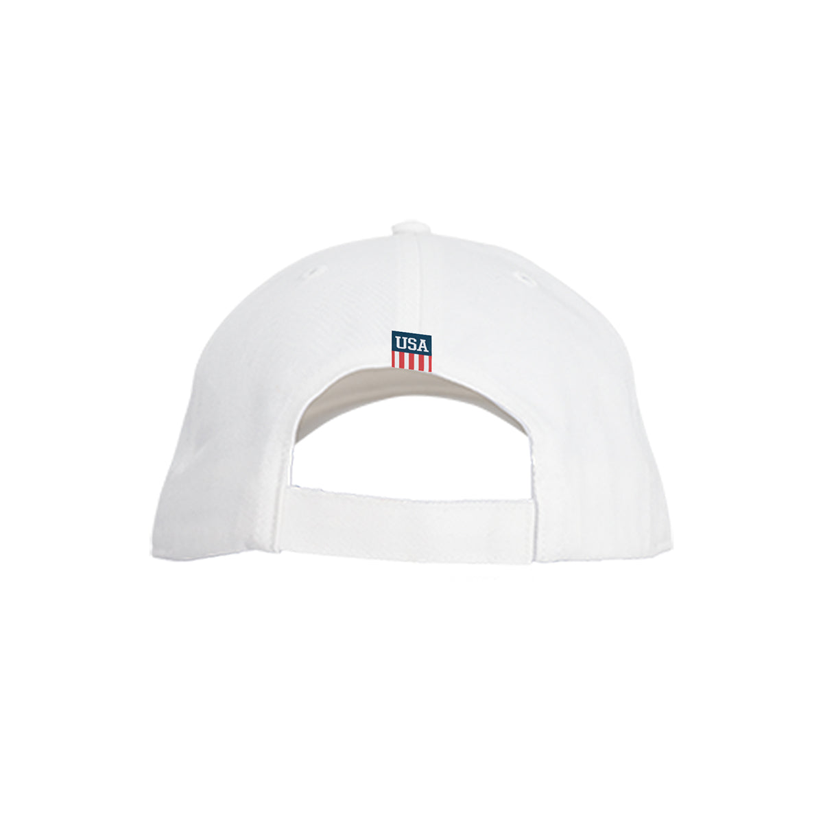 The Boeing Americana Vintage-Style Rope Hat by BOEING is a white vintage hat viewed from the back, featuring an adjustable strap and a small USA patch with red vertical stripes above the strap opening for classic Americana flair.