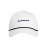 The Boeing Americana Vintage-Style Rope Hat by BOEING features a white design with black brim trim, a rope accent, and the Boeing logo and name in dark blue on the front.