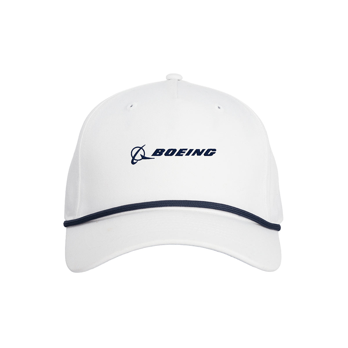 The Boeing Americana Vintage-Style Rope Hat by BOEING features a white design with black brim trim, a rope accent, and the Boeing logo and name in dark blue on the front.
