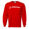 The Boeing Signature Logo Long-Sleeve T-Shirt from The Boeing Store is a red, heavyweight cotton unisex tee with the iconic white Boeing logo and text on the front.