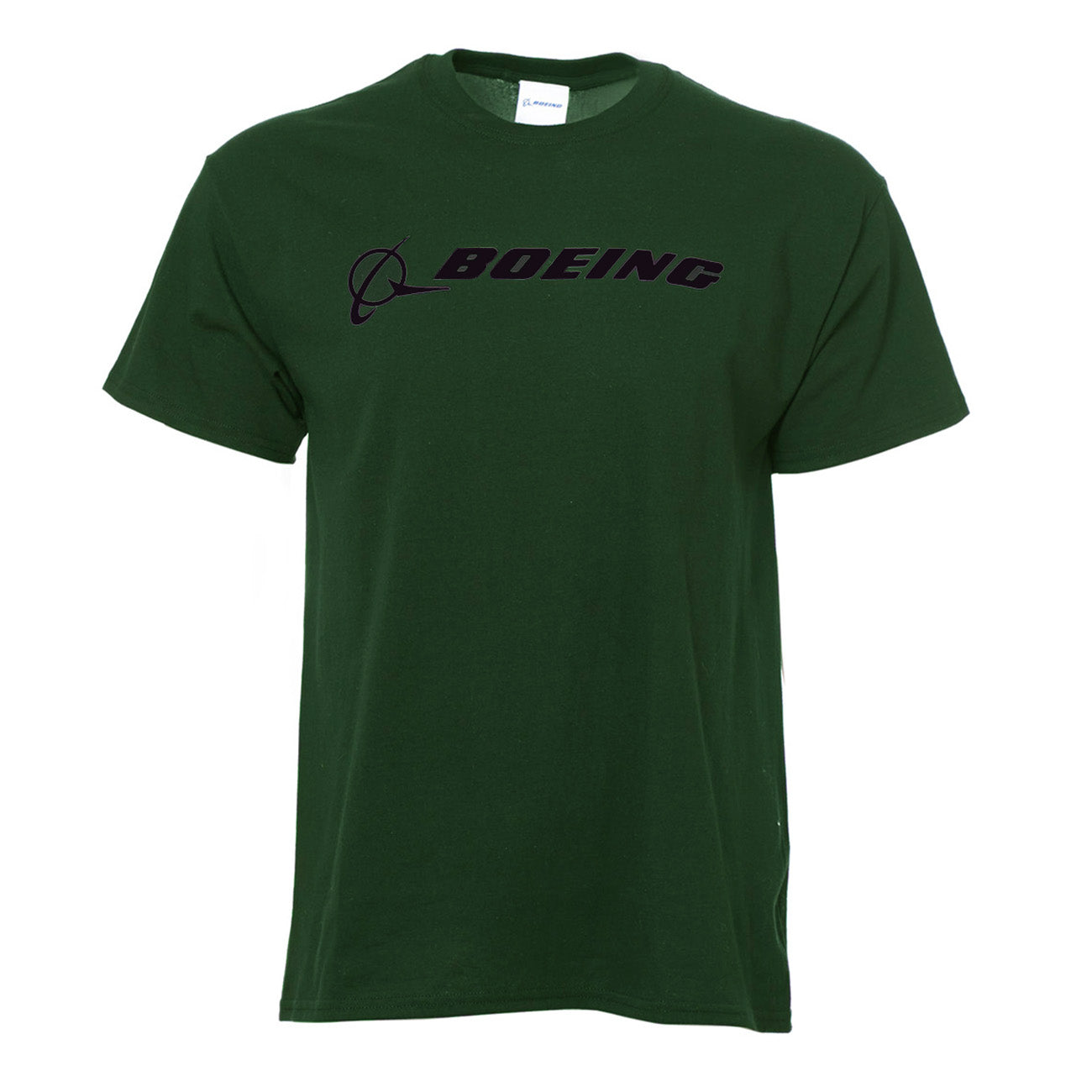 Product image of the t-shirt in a military green color with black Boeing logo across the chest.