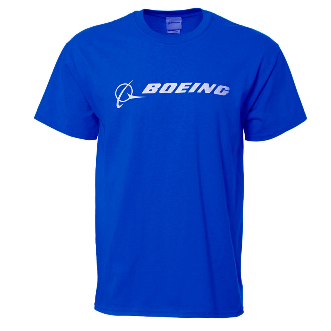 Product image of the t-shirt in a royal color with white Boeing logo across the chest.