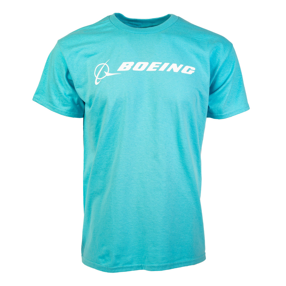 The Boeing Stores Boeing Signature Logo T-Shirt is a light blue, preshrunk cotton short-sleeve shirt with a white Boeing logo and text across the chest, shown on a plain white background.