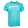 The Boeing Stores Boeing Signature Logo T-Shirt is a light blue, preshrunk cotton short-sleeve shirt with a white Boeing logo and text across the chest, shown on a plain white background.