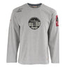 The Boeing Stores Red Canoe B-17 Long-Sleeve T-Shirt is made from 100% cotton in gray, featuring the Boeing Airplane Company logo on the chest, B-17 Flying Fortress on the shoulder, and a red 297th Sq. patch on the sleeve.