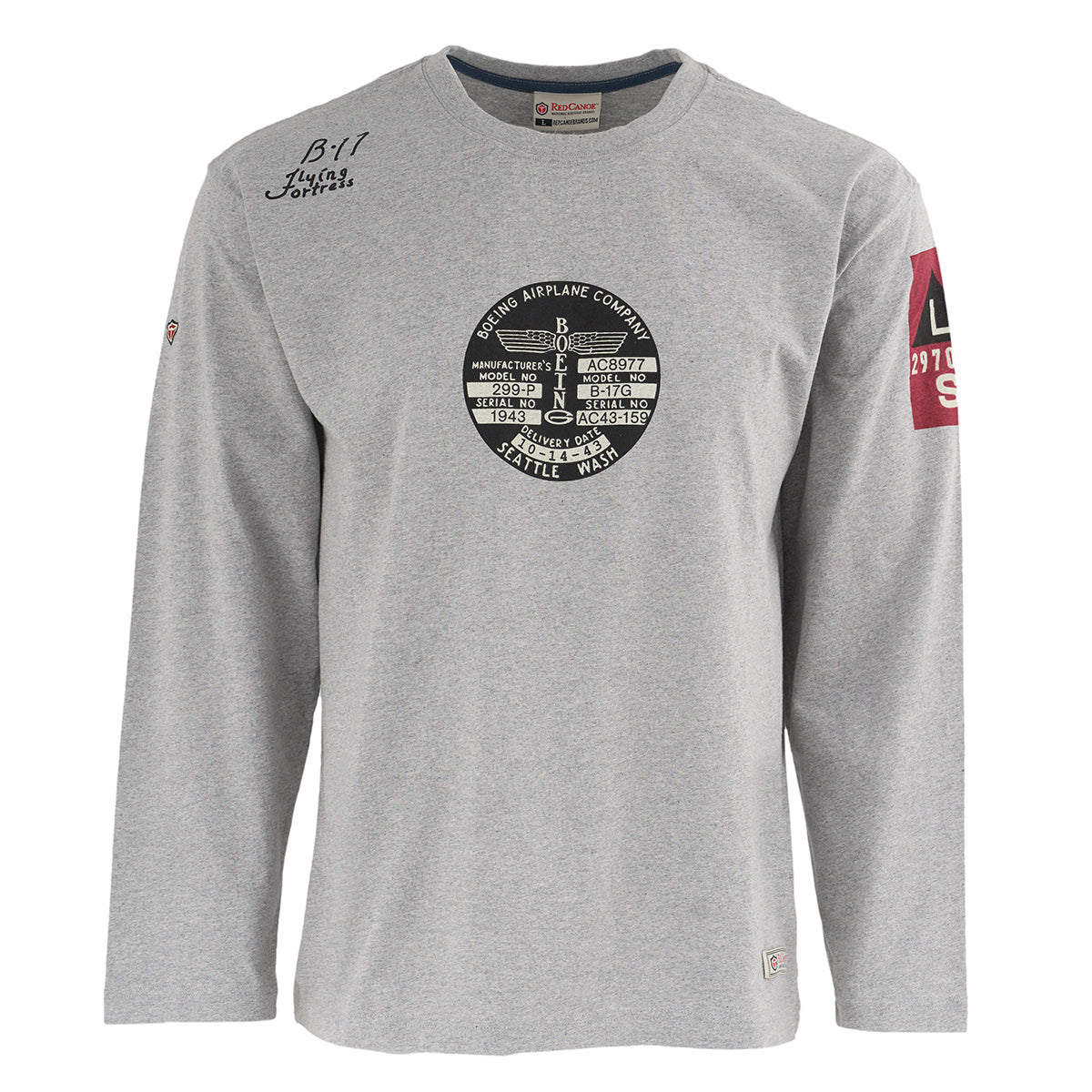 The Boeing Stores Red Canoe B-17 Long-Sleeve T-Shirt is made from 100% cotton in gray, featuring the Boeing Airplane Company logo on the chest, B-17 Flying Fortress on the shoulder, and a red 297th Sq. patch on the sleeve.