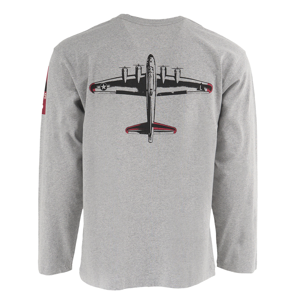 The Boeing Stores Red Canoe Boeing Airplane Company Logo B-17 Long-Sleeve T-Shirt is a gray 100% cotton shirt featuring a bold black, white, and red B-17 graphic on the back, shown from behind.