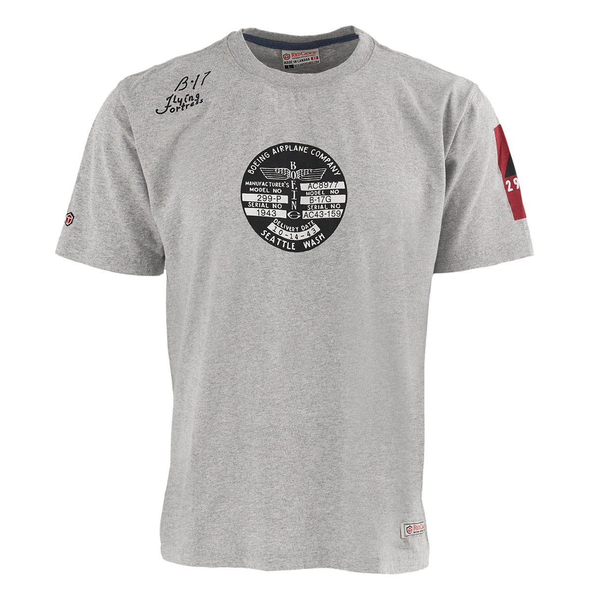The Boeing Stores Red Canoe Boeing Airplane Company Logo B-17 T-Shirt is a gray, 100% cotton short-sleeve tee featuring a black and white round Boeing logo, a B-17 graphic on the left shoulder, and a red 25 patch on the left sleeve.