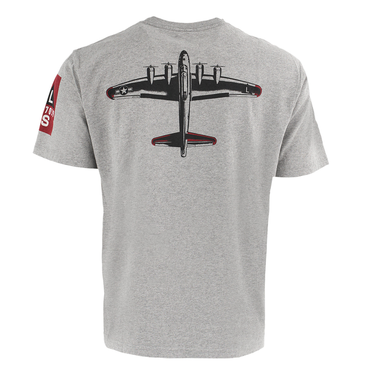 The Boeing Store’s Red Canoe B-17 T-Shirt features a vintage Boeing B-17 graphic on the back, red lettering on the left sleeve, and is made from 100% cotton for comfort.