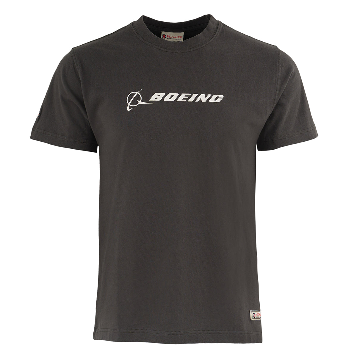 The Red Canoe Boeing Company T-Shirt by The Boeing Store is a black short-sleeve shirt with the white Boeing logo and name on the chest, a crew neckline, small logo tag at the hem, and subtle aircraft graphic details.