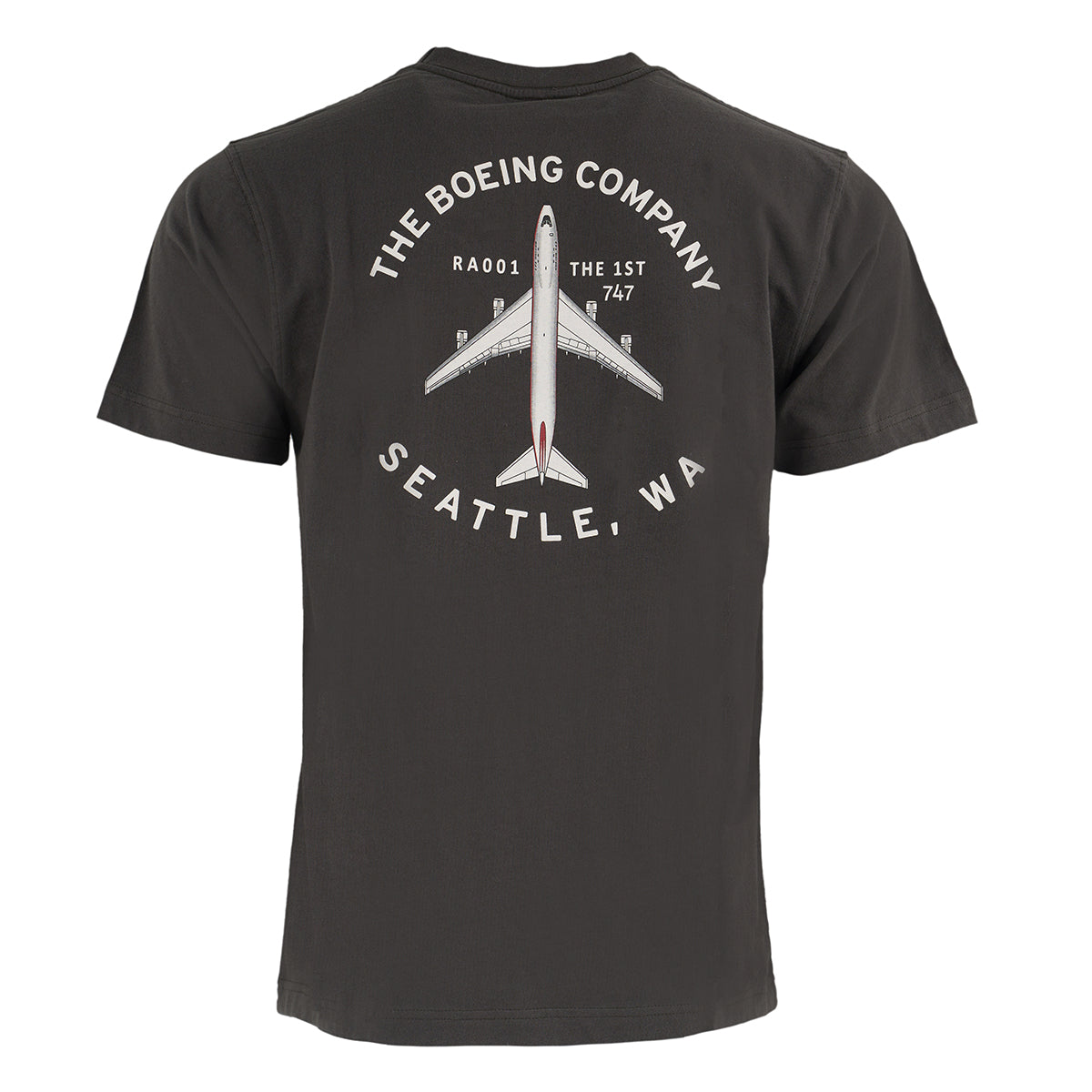 Red Canoe Boeing Company T-Shirt by The Boeing Store features a top-down Boeing 747 graphic with The Boeing Company, Seattle, WA printed in a circle around the plane.