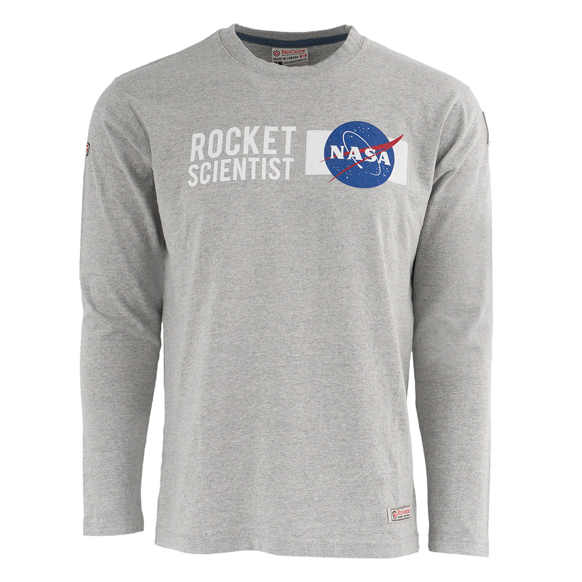 The Boeing Store’s Red Canoe NASA Long Sleeve T-Shirt is a gray 100% cotton tee, featuring the iconic NASA logo and ROCKET SCIENTIST printed in white across the chest.