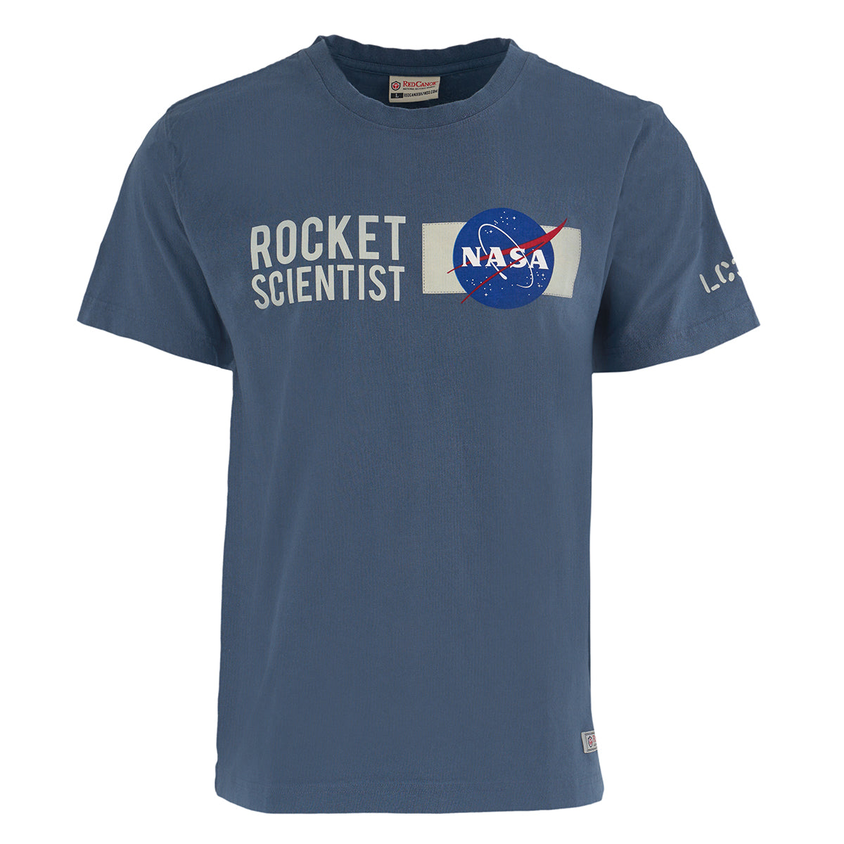 The Boeing Store Red Canoe NASA Rocket Scientist T-Shirt features ROCKET SCIENTIST and the NASA logo on the chest, with L.C. printed on the left sleeve.