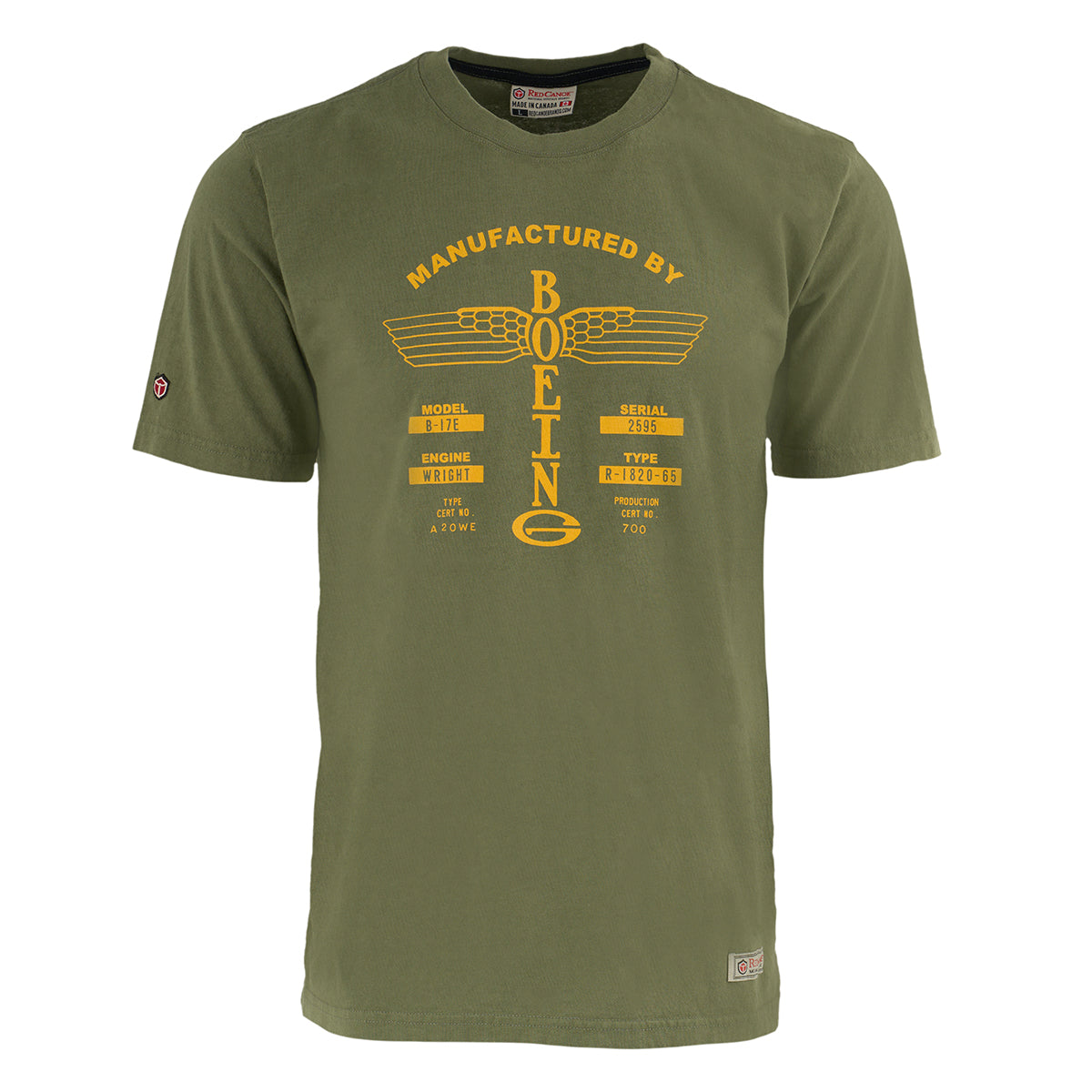The Boeing Store’s Red Canoe Boeing Airplane Company Logo T-Shirt is an olive green 100% cotton tee with yellow MANUFACTURED BY BOEING text, retro logo, and aircraft-inspired graphic showing model, serial, and type numbers.