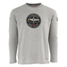 The Boeing Stores Red Canoe Boeing Tuskegee Airmen Long Sleeve T-Shirt is gray with a round chest emblem of the P-51 Red Tail Mustang and Tuskegee Airmen Red Tails, plus a hem patch and sleeve logo.