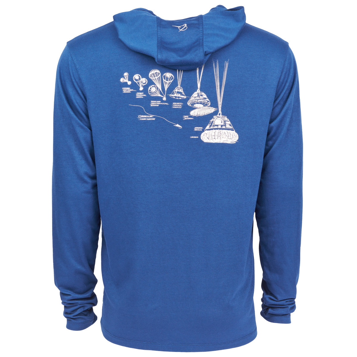 Back view of the Boeing CST-100 Starliner Unisex UPF Hoodie in blue, featuring a white graphic of parachutes and capsule descent stages, showcasing Boeings space exploration contributions.