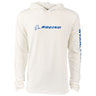 The Boeing CST-100 Starliner Unisex UPF Hoodie, features a white long-sleeve design with a blue Boeing logo on the chest and Starliner vertically on the right sleeve. Its relaxed fit celebrates space exploration, ideal for fans of cosmic journeys.