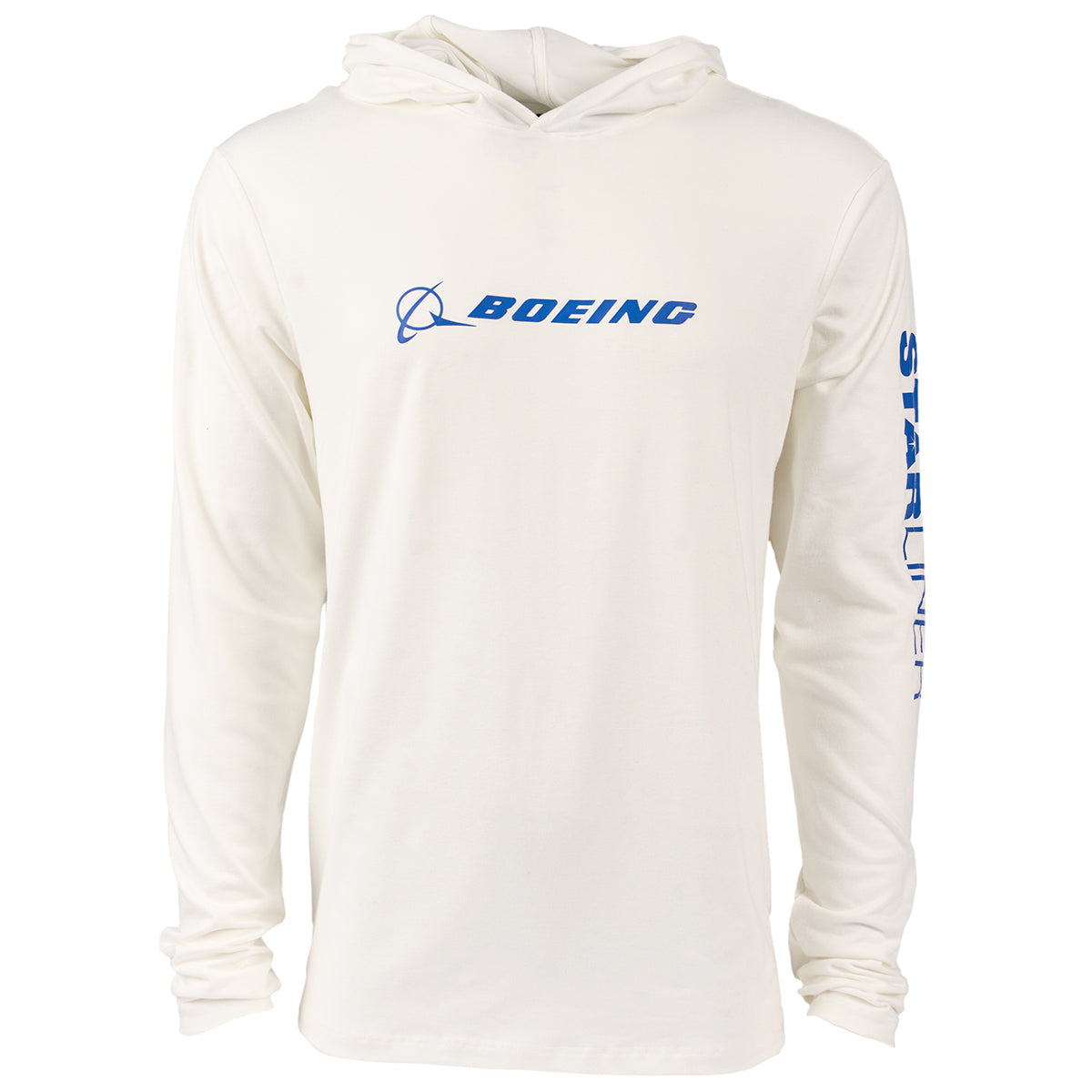 The Boeing CST-100 Starliner Unisex UPF Hoodie, features a white long-sleeve design with a blue Boeing logo on the chest and Starliner vertically on the right sleeve. Its relaxed fit celebrates space exploration, ideal for fans of cosmic journeys.