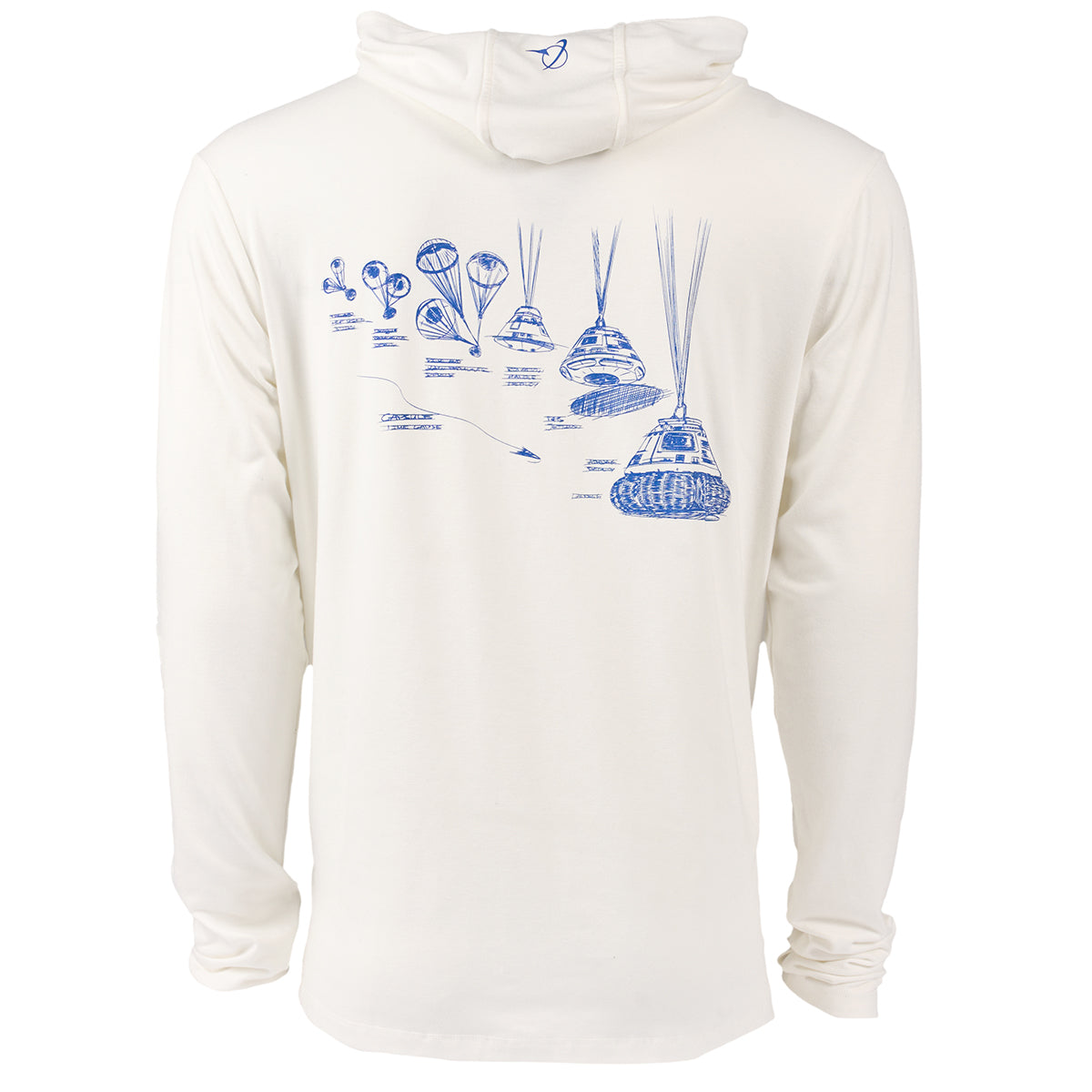 The back view of the Boeing CST-100 Starliner Unisex UPF Hoodie in white showcases a blue graphic design depicting parachute deployment stages, inspired by Boeings space capsule landing. Ideal for space enthusiasts, it features a functional hood.