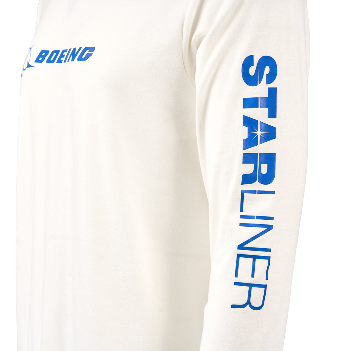 This stylish unisex UPF hoodie from Boeing features a white design with a Boeing logo on the chest and STARLINER in blue along the right sleeve, celebrating space exploration.