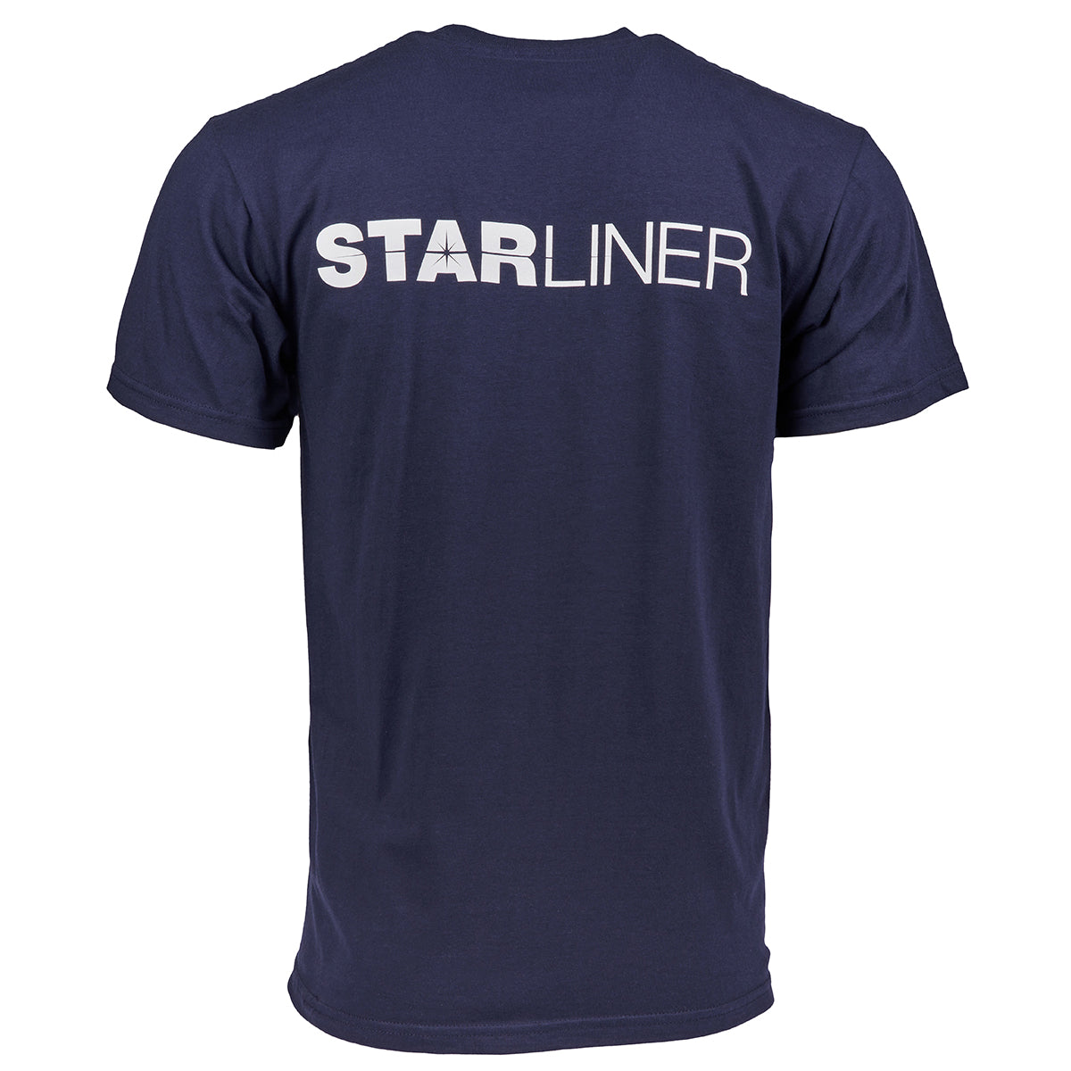 Navy t-shirt with "Starliner" text in white across the top back.