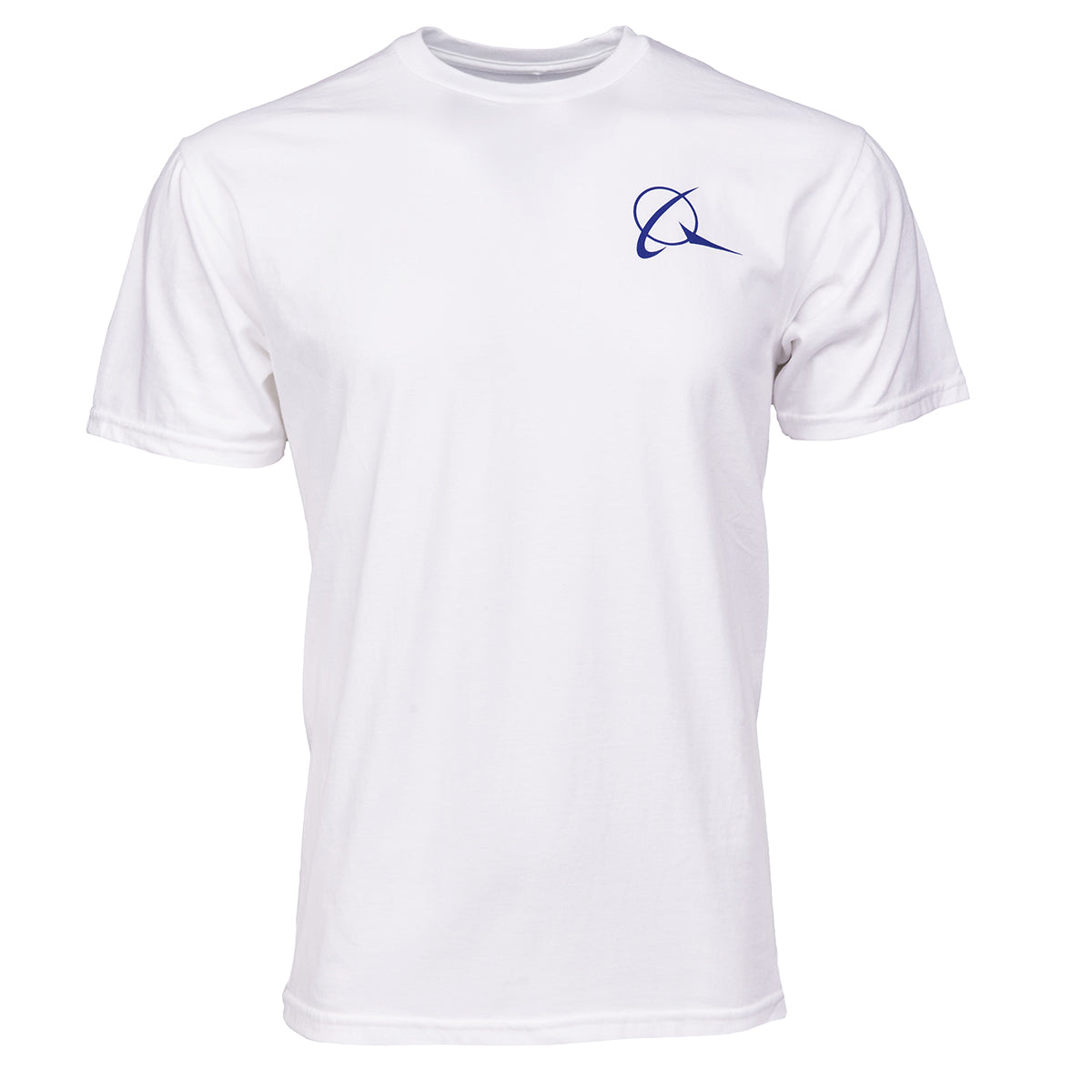 White t-shirt with royal blue Boeing symbol logo on left chest