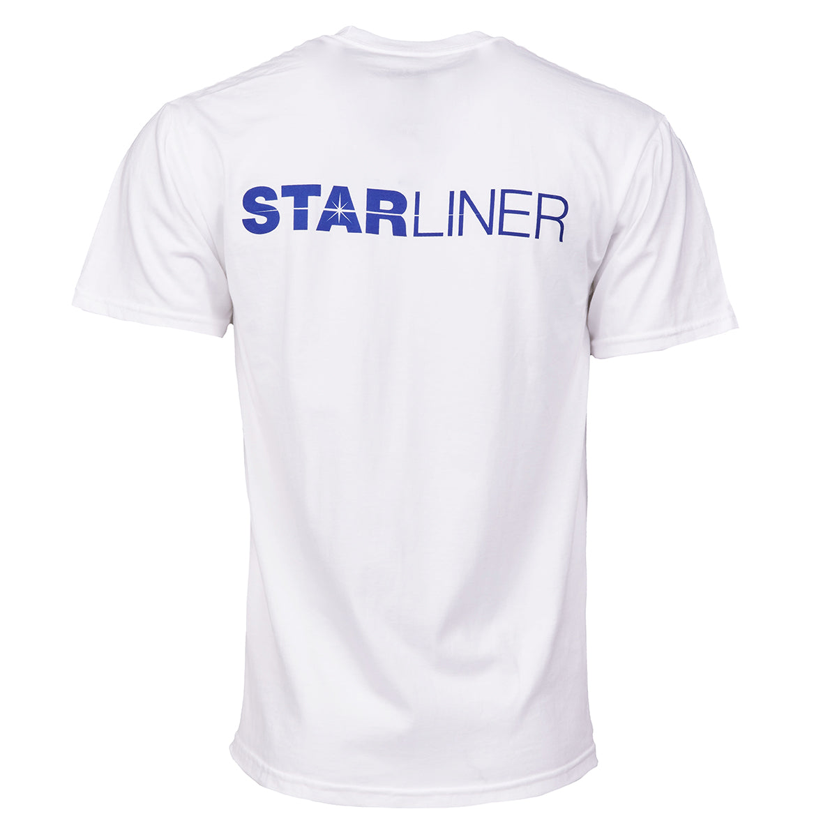 White t-shirt with "Starliner" text in blue across the top back.