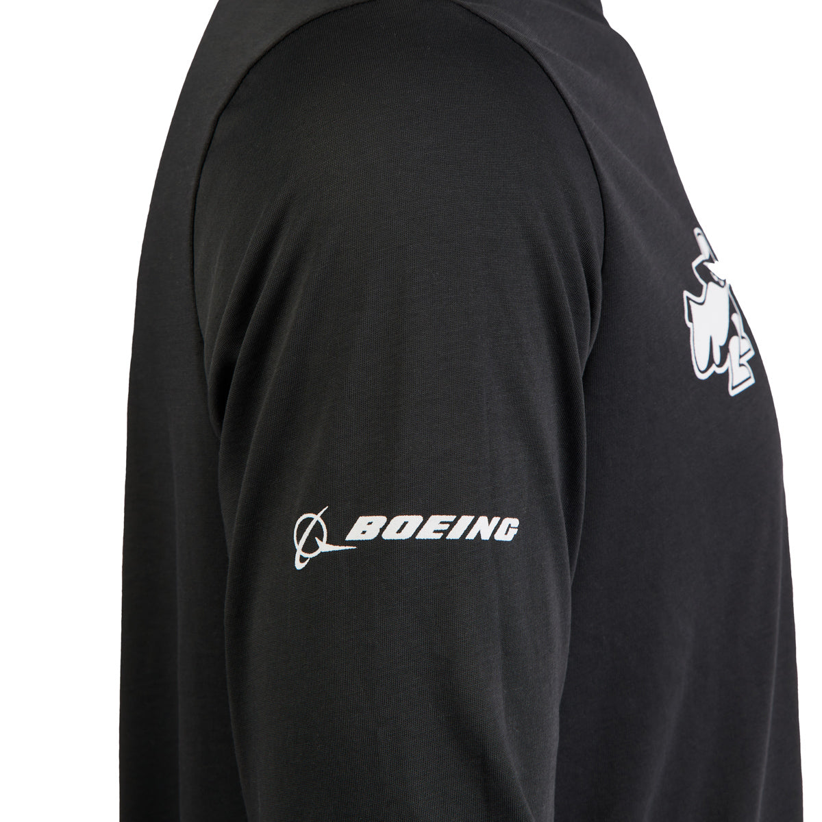 Nike Boeing Phantom Works Unisex Dri-Fit Long Sleeve T-Shirt in Anthracite with Boeing Logo Close-up