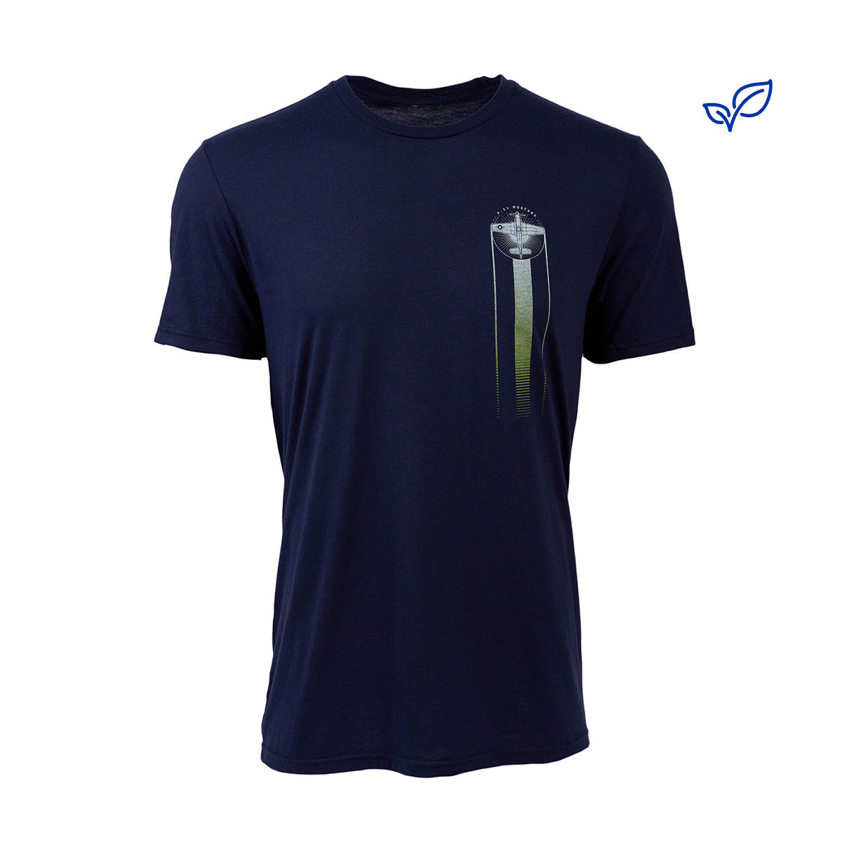 The Boeing Stores Boeing P-51 Mustang Heritage Unisex T-Shirt is a dark blue garment made from sustainable materials. It features a vertical graphic resembling a tall glass on the left side of the chest, complemented by a subtle small logo in the top right corner.