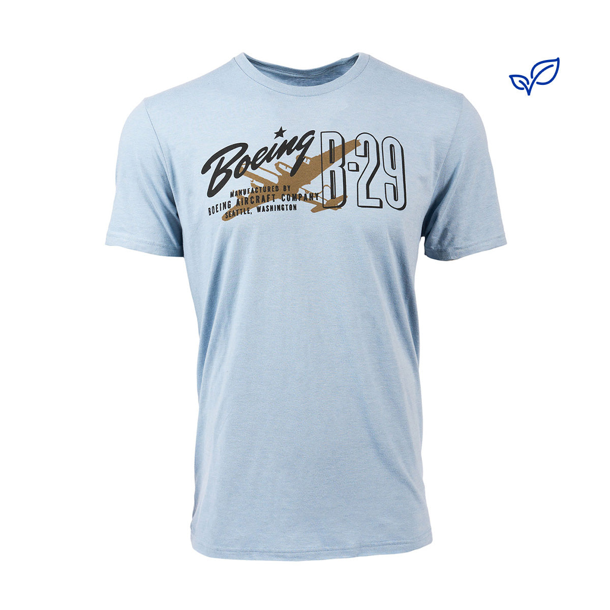 The Boeing Stores Boeing B-29 Superfortress Heritage Unisex T-Shirt in light blue features a vintage-style print and Authorized Boeing Aircraft Company, Seattle, Washington text. Its crafted from recycled polyester and has a small two-leaf logo on the upper right.