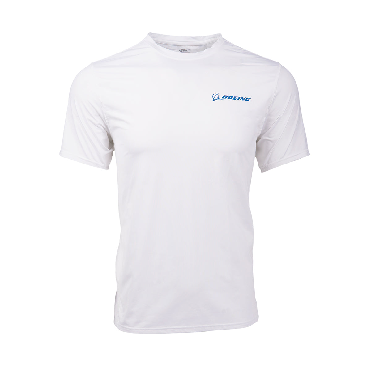Boeing t-shirt in an artic color with royal blue Boeing logo on left chest.