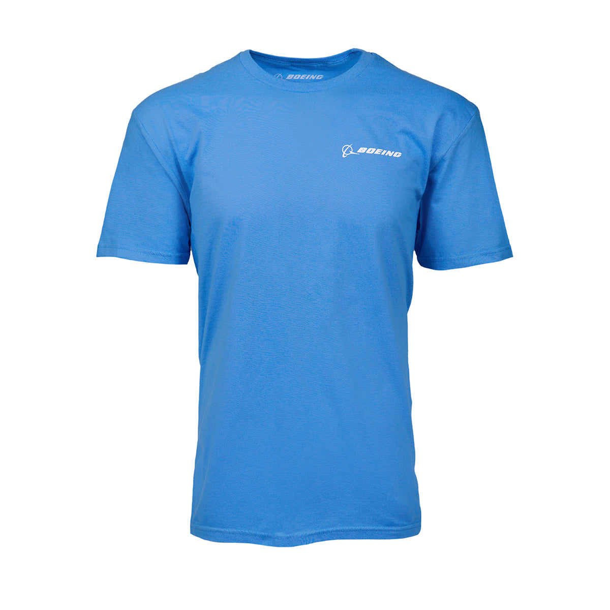 Introducing the Boeing 787 Dreamliner Skyward Unisex T-Shirt: a blue masterpiece with a small white logo on the left chest and a unique roundel collar design inspired by the sleek aesthetics of the Dreamliner.