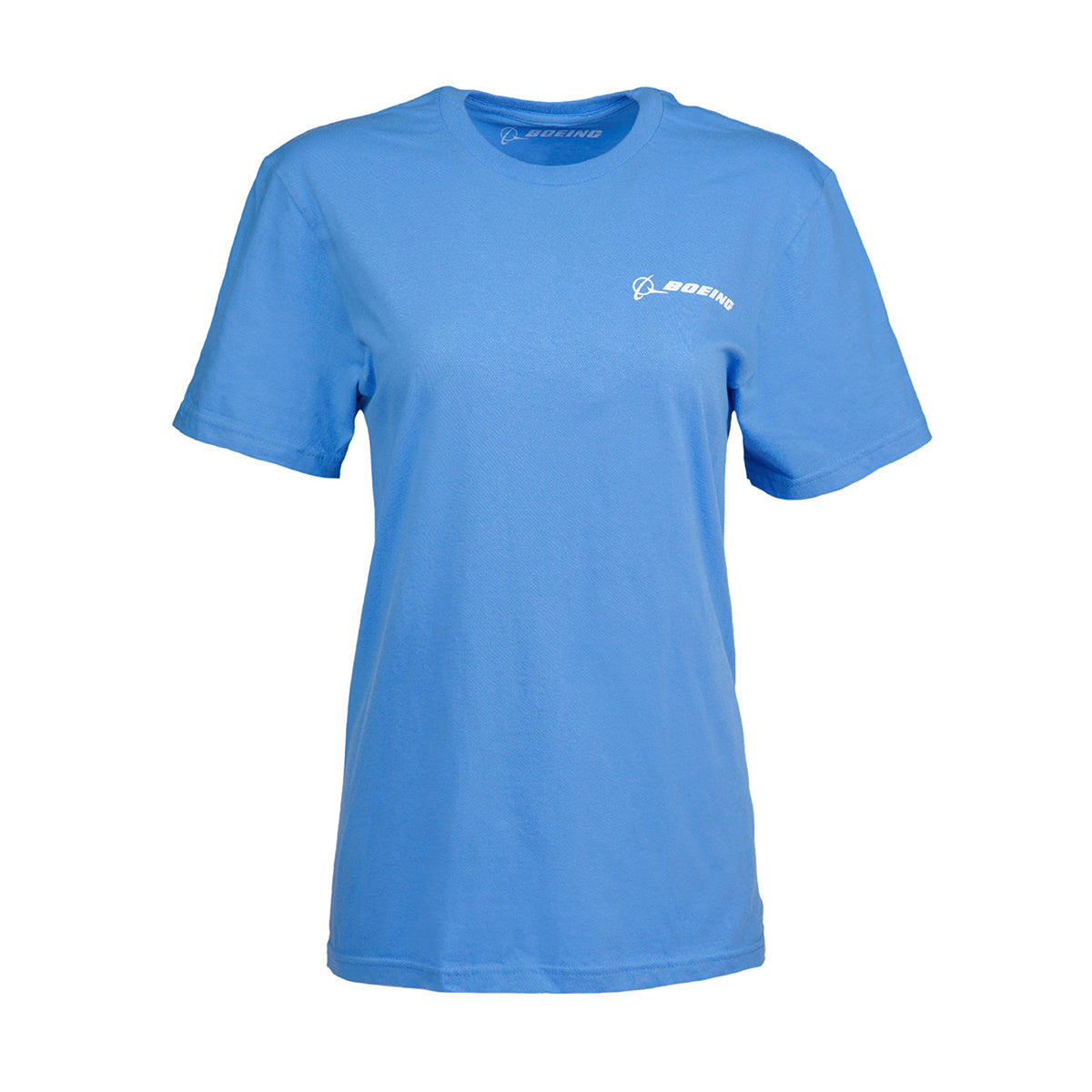 The Boeing 787 Dreamliner Skyward Unisex T-Shirt, by Boeing, is a blue short-sleeve with a white logo and text on the left chest area.