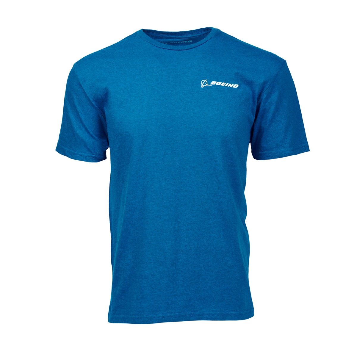 The Boeing 777X Skyward Unisex T-Shirt features a blue design with short sleeves and a small white Boeing logo on the left chest, ideal for aviation enthusiasts who appreciate Boeings innovation.