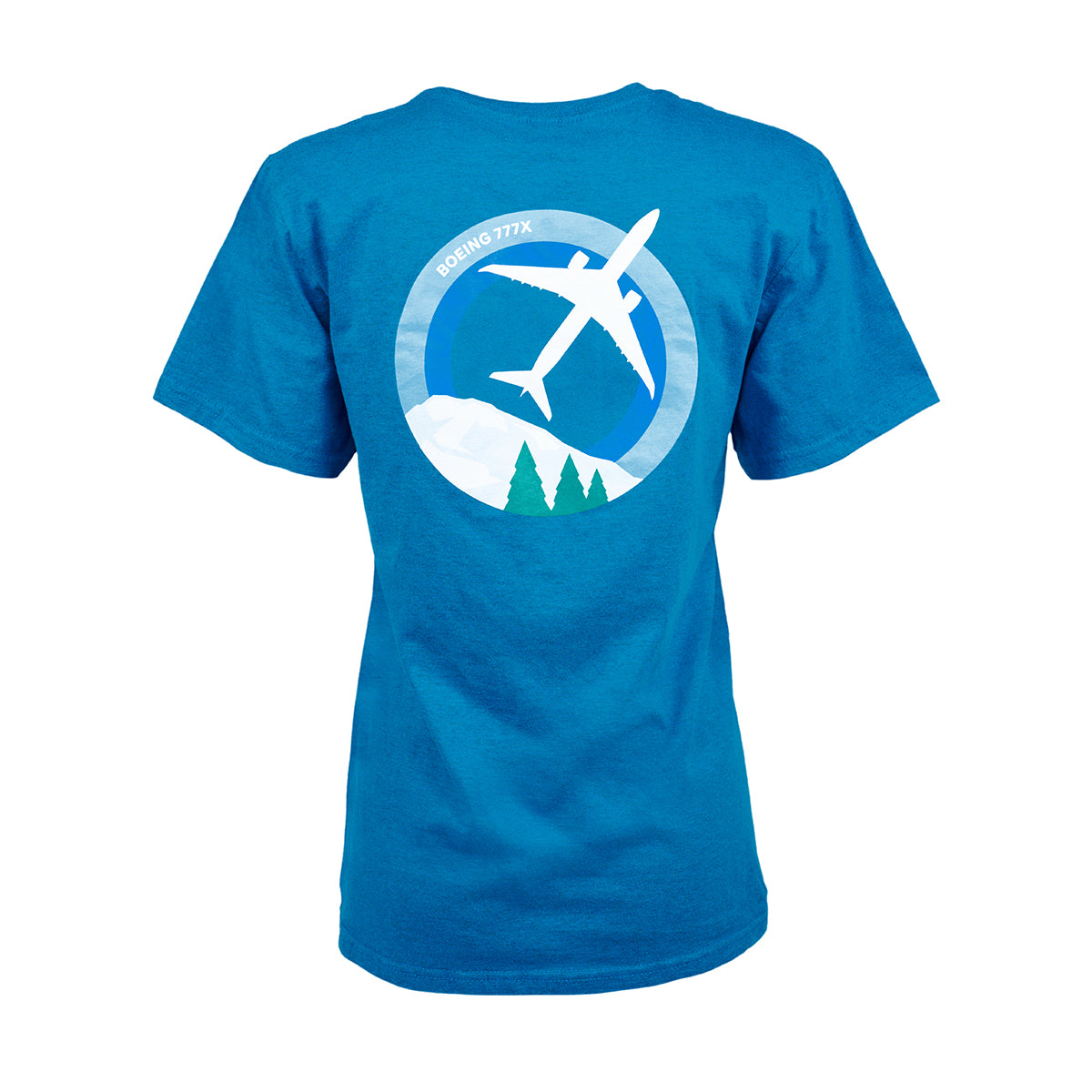 The Boeing 777X Skyward Unisex T-Shirt by Boeing is a blue tee with a roundel design, featuring an airplane graphic soaring above mountains and trees, encircled by Boeing 777X.