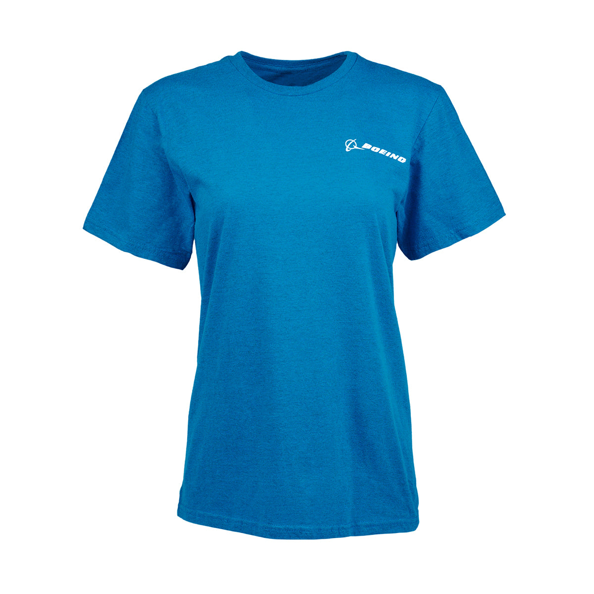 The Boeing 777X Skyward Unisex T-Shirt features a bold blue design with the iconic white Boeing logo and name on the left chest, reminiscent of the 777X. It is displayed against a crisp white background.