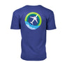 Full product image of the back side of the t-shirt in blue color.  Showing the Skyward graphic of the Boeing 737 MAX.