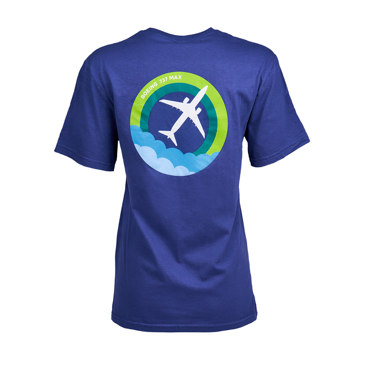 The Boeing 737 MAX Skyward Unisex T-Shirt features a vivid blue color with a roundel design on the back, showcasing an airplane silhouette flying above clouds and Boeing 737 MAX elegantly scripted.
