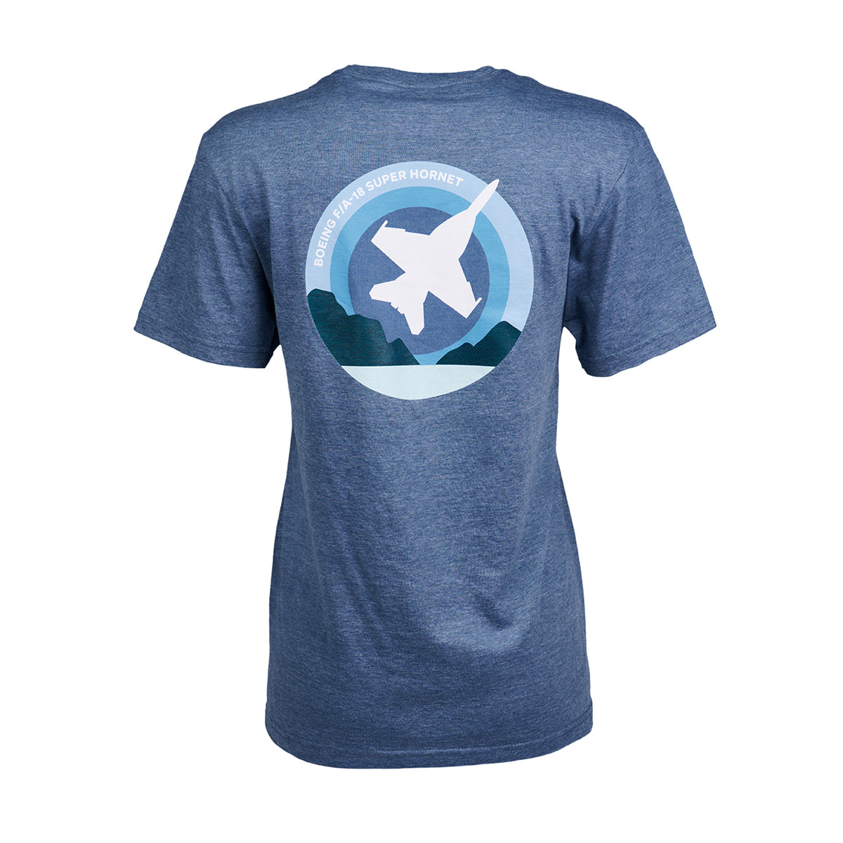 Skyward Unisex T-shirt by Boeing in blue, featuring a bold roundel on back with an airplane silhouette encircled by blue and turquoise rings and text Boeing F/A-18 Super Hornet.