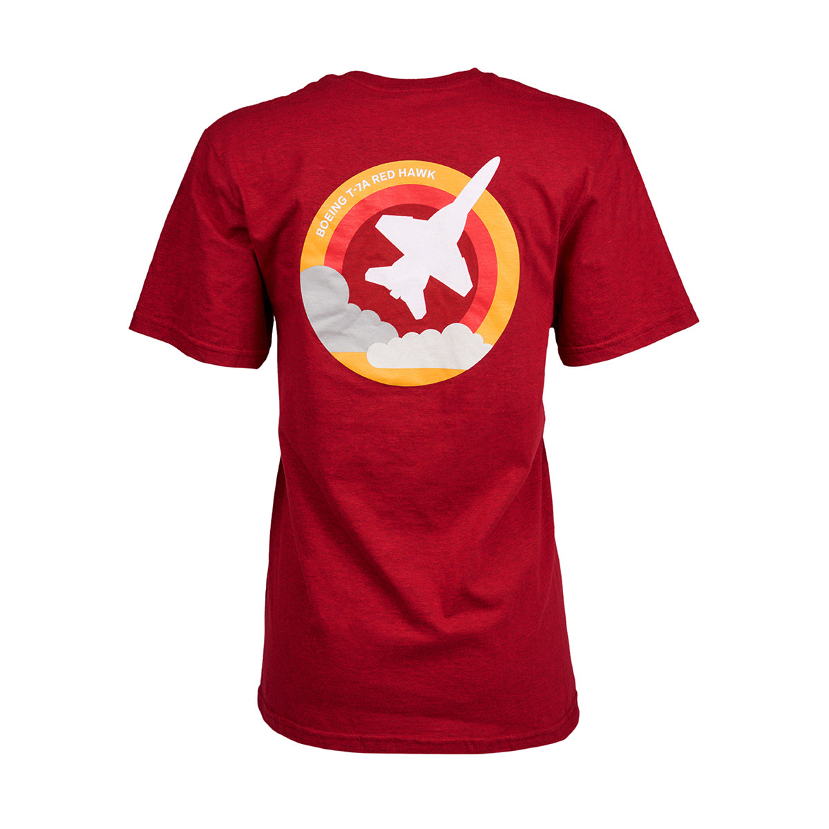 The Boeing T-7A Red Hawk Skyward Unisex T-Shirt features a vibrant red design with a jet airplane soaring through a circular cloud. The words Boeing T-7A Red Hawk encircle the top, adding an aviation flair.