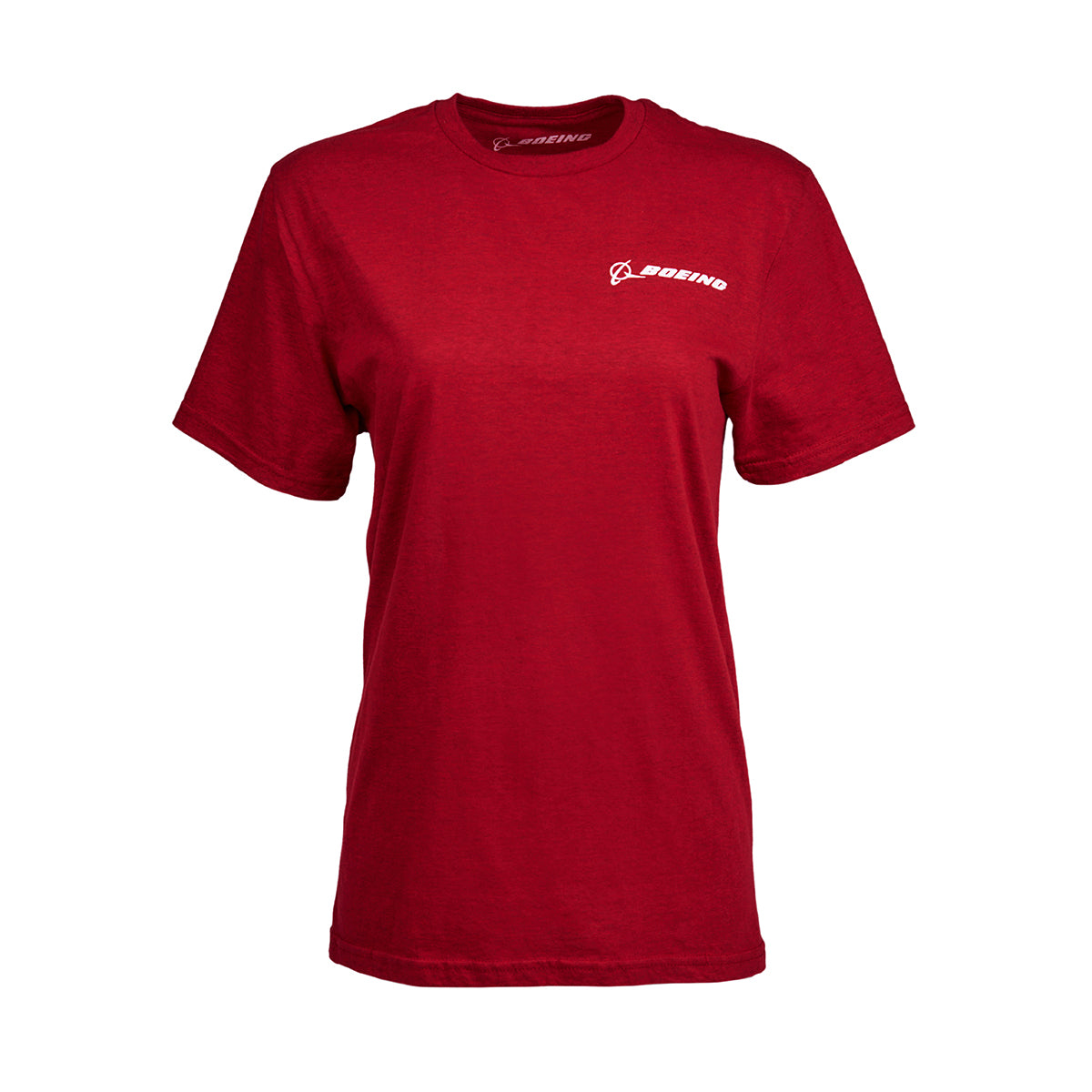 The Boeing T-7A Red Hawk Skyward Unisex T-Shirt features Boeing in white text on the upper left. With short sleeves and a crew neck, this simple red tee is perfect for aviation enthusiasts.