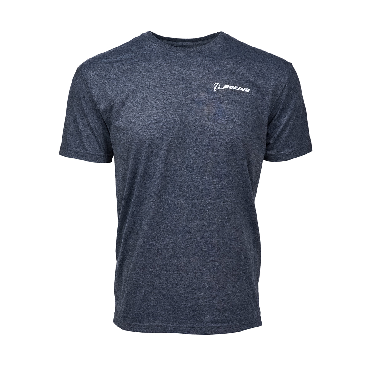 Front of the t-shirt in heather blue with white Boeing logo on left chest.